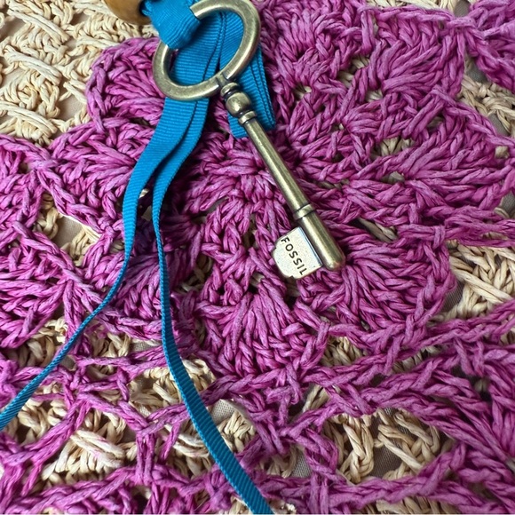 Fossil Long Live Vintage Raffia Straw Tote Bag Purse Leather Boho Beach Vacation - Picture 4 of 13